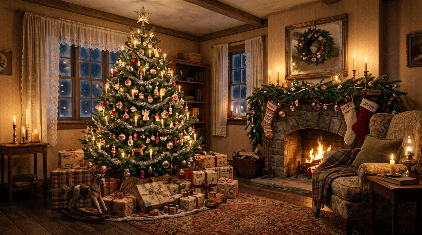 Vintage Christmas living room with an old-fashioned tree, warm lights, and wrapped gifts.